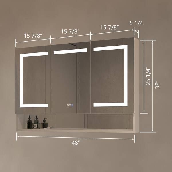 WELLFOR V3 48-in x 32-in Lighted LED Fog Free Surface/Recessed Mount Silver Mirrored Soft Close Medicine Cabinet