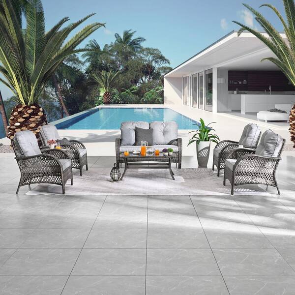 Patio Festival 8-Piece Wicker Patio Conversation Set with Gray Cushions