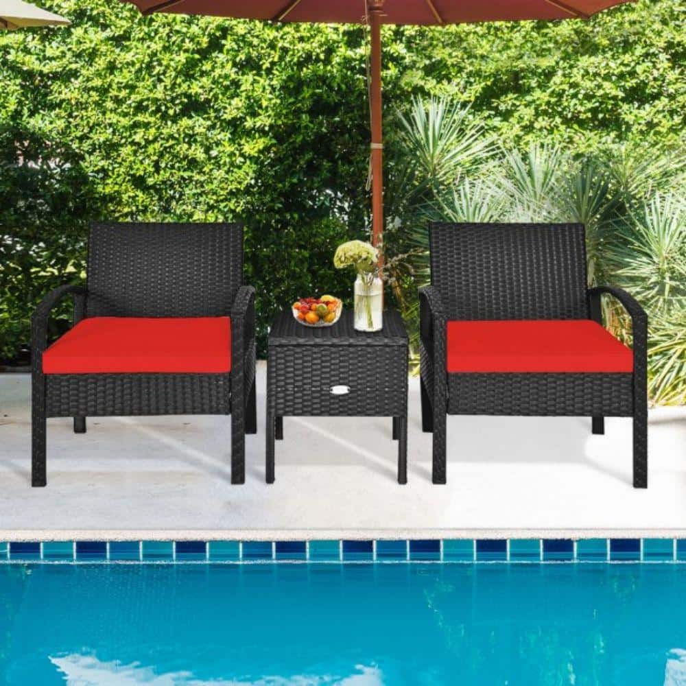 Red Cushioned Black Rattan 2-Person Patio Conversation Set