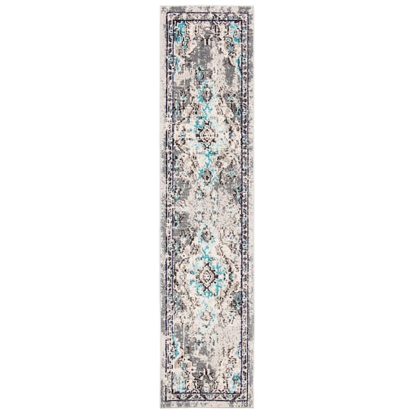 Madison Grey/Light Blue 2 ft. x 8 ft. Border Floral Oriental Runner Rug