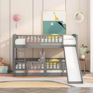 Grey Twin Over Twin Bunk Bed with Slide, Wood Floor Bunk Bed Frame with Fence and Ladder for Toddler Kids Teens