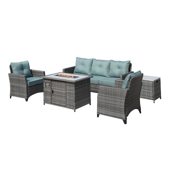 moda furnishings Ophelia Gray 5-Piece Outdoor Rattan Wicker Patio Fire Pit Conversation Sofa Set, Celadon Green Cushions
