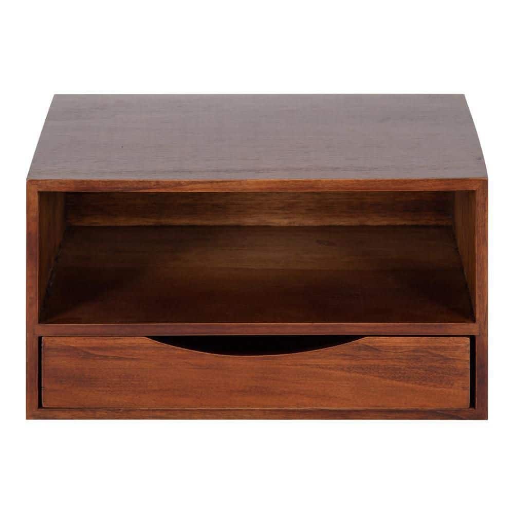 Walnut Brown Floating Wall Shelf with Drawer, 12.5" x 10" x 7"