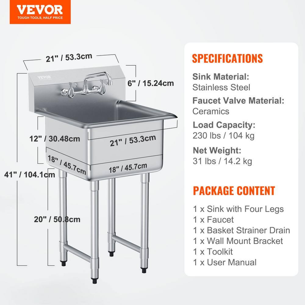 VEVOR 21'' Stainless Steel Free Standing Utility Sink with Faucet