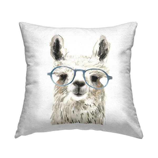 Funny Llama Blue Glasses Beige Square Outdoor Throw Pillow