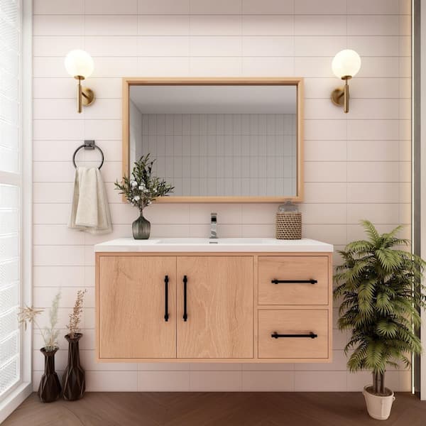 BV Better Vanity Victoria 42 in. W x 20 in. D x 22 in. H Single Sink Floating Bath Vanity in Red Oak with White Acrylic Top