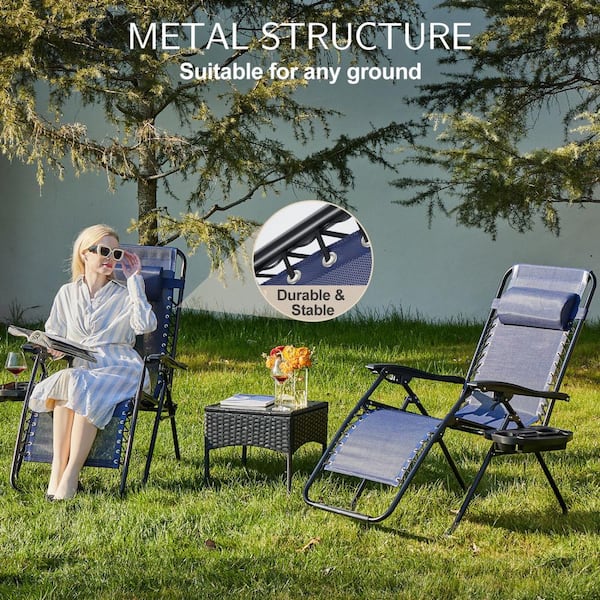 HOTEBIKE Outdoor Set of 2 Blue "Metal" Zero Gravity Lounge Chairs-Piece, Folding Recliners with Pillow and Cup Holder