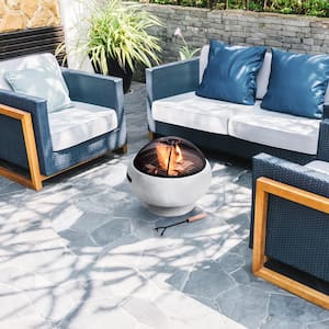 20.87 in. Round Wood Burning Fire Pit with Faux Concrete Base and Accessories, Light Grey