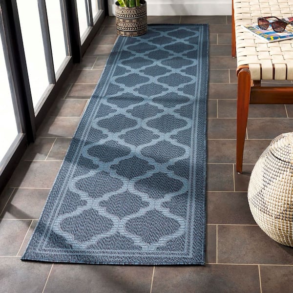 Bermuda Navy 2 ft. x 8 ft. Machine Washable Border Trellis Indoor/Outdoor Runner Rug