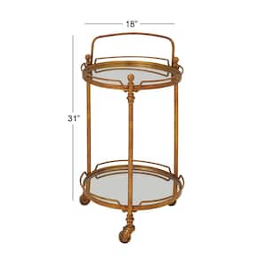31 in. H Round Brass Rolling 2 Mirrored Shelves Bar Cart with Wheels and Handle
