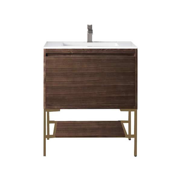 James Martin Vanities Milan 31.5 in. W x 18.1 in. D x 36 in. H Bathroom Vanity in Mid Century Walnut with Glossy White Composite Top