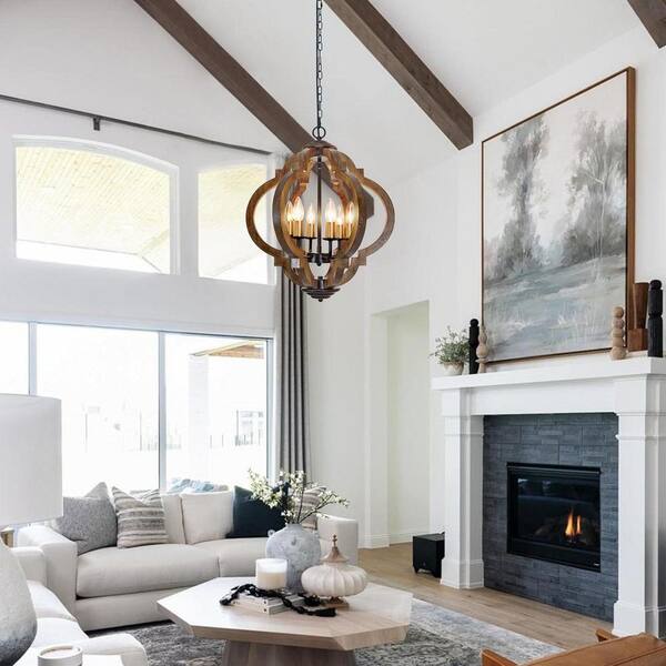 Rviezza 6-Light Farmhouse Brown Wood Chandelier, Rustic Orb