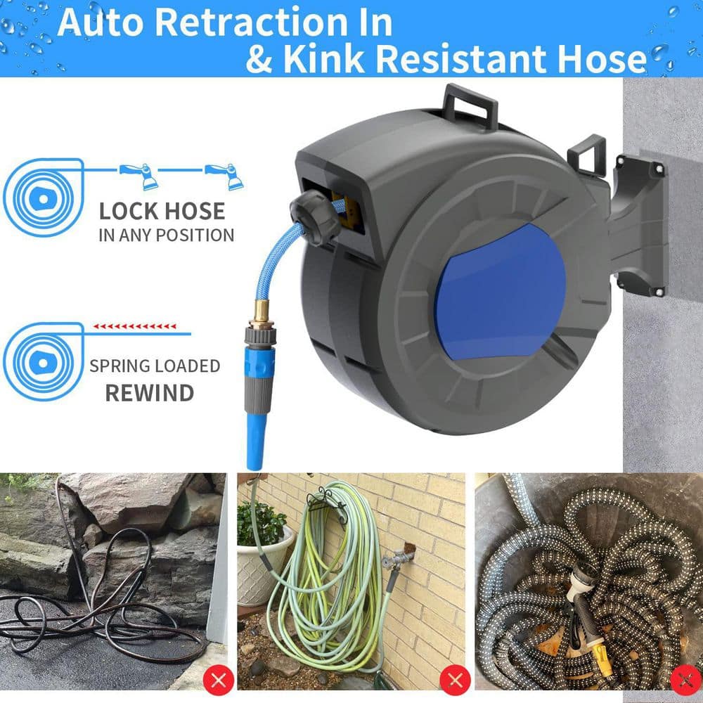 Gray and Blue Automatic Retractable Garden Hose Reel, 100 ft