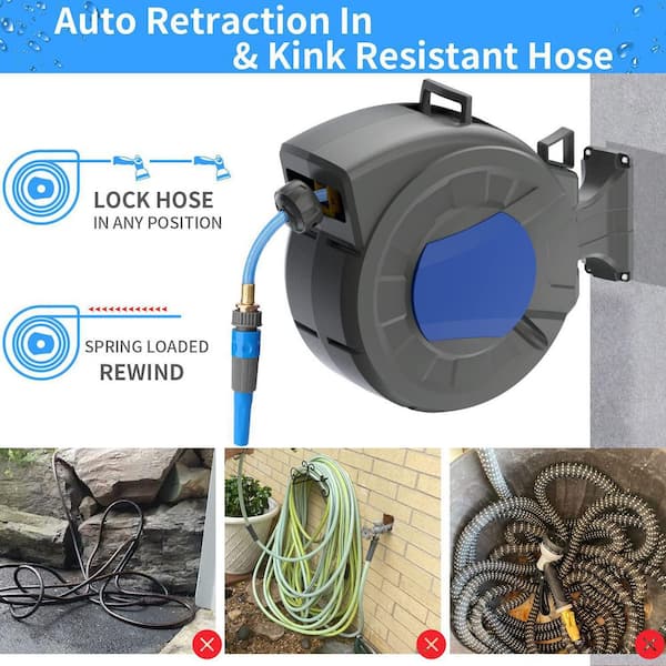 Wall Mounted Water Hose Reel with Garden Hose, Hand Crank Retractable  Stainless Steel Hose Reel Swivel Bracket Hose Storage Holder with 9 Pattern  Hose