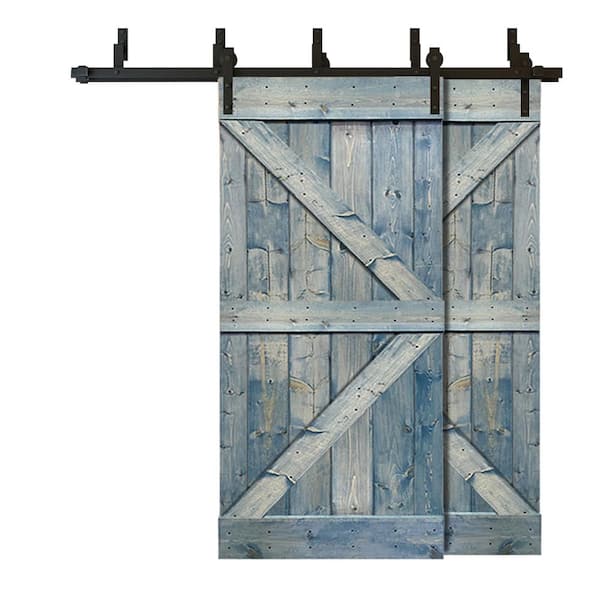 76 in. x 84 in. K Series Bypass Denim Blue Stained Solid Pine Wood Interior Double Sliding Barn Door with Hardware Kit