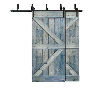 84 in. x 84 in. K Series Bypass Denim Blue Stained Solid Pine Wood Interior Double Sliding Barn Door with Hardware Kit