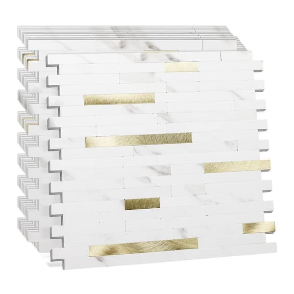 ilemong Peel and Stick Blacksplash Tile 11.7 in. x 11.5 in. PVC Mixed Gold Metal Stick on Bathroom and Kitchen, White (10-Pack)