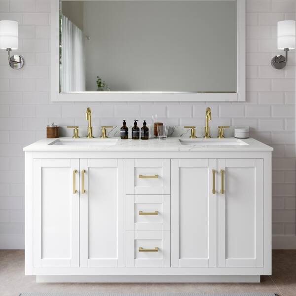 Wyndham Collection Miranda 60 in. W x 22 in. D x 33.75 in. H Double Bath Vanity in White with Giotto Quartz Top and 58 in. Mirror