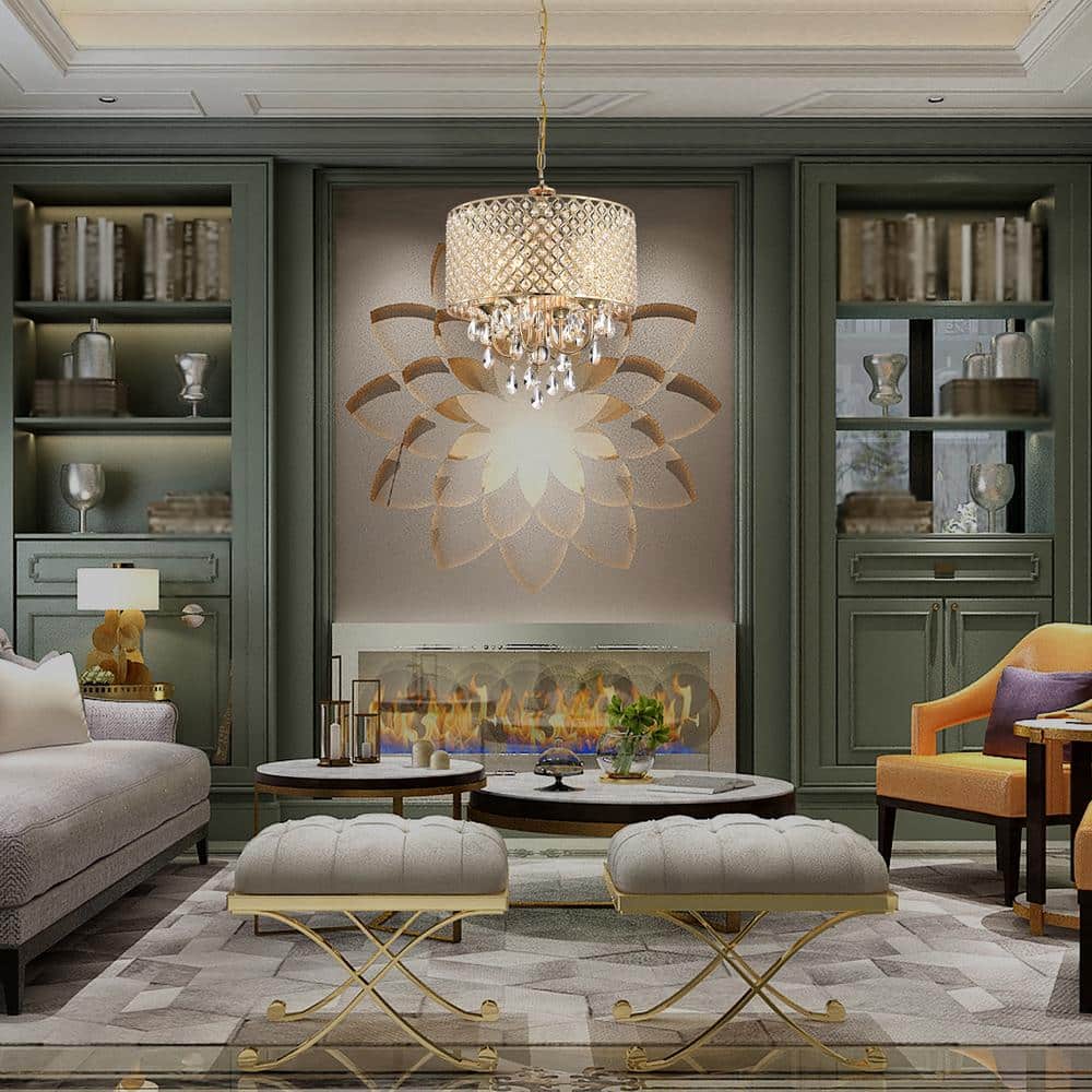 Gold Crystal Drum Chandelier with Cascading Crystals, 17"