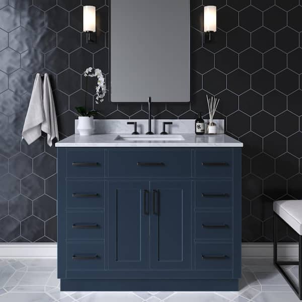ARIEL Hepburn 43 in. W x 22 in. D x 35.25 in. H Bath Vanity in Blue with Carrara Marble Vanity Top in White with White Basin