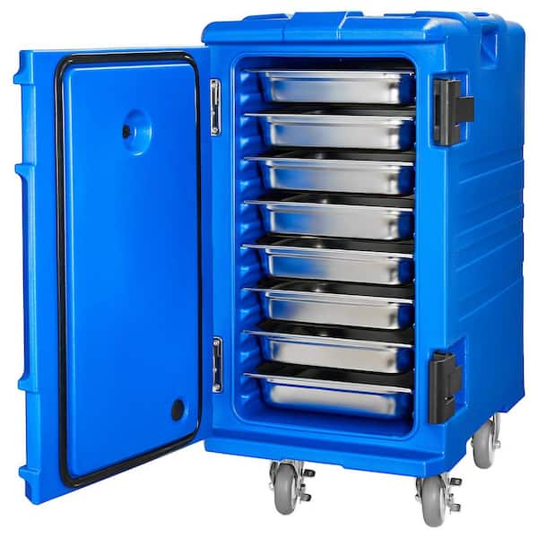 127 qt. Insulated Food Pan Carrier, Double Buckles Hot Box with Handles and Wheels, Front Loading Buffet Server, Blue