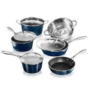 10-Piece Aluminum Hammered Ultra-Durable Non-Stick Diamond Infused Cookware Set in Blue