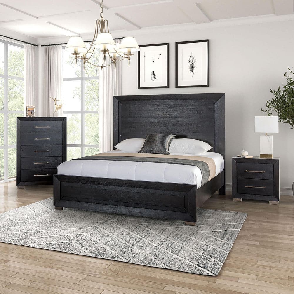 Fairhart 3-Piece Modern Black Wood Cal. King Panel Bedroom Set with Nightstand and Chest price history on PriceWatchPro