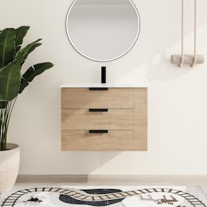30 in. W x 18.3 in. D x 22.4 in. H Wall-Mounted Bath Vanity in Light Brown with White Resin Vanity Top