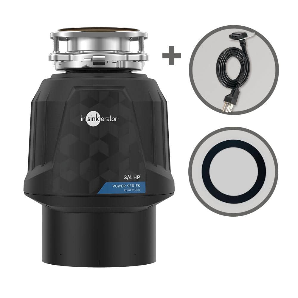 Power 900, 3/4 HP Garbage Disposal, Continuous Feed Food Waste Disposer w EZ Connect Power Cord & Putty-Free Sink Seal