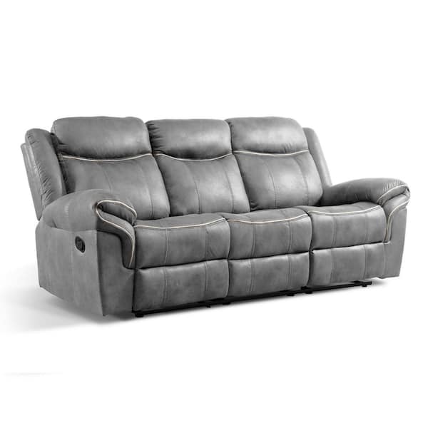 Amelia 87 in. Pillow Top Arm Faux Leather Rectangle Manual Reclining Sofa with Drop-Down Back in Warm Gray