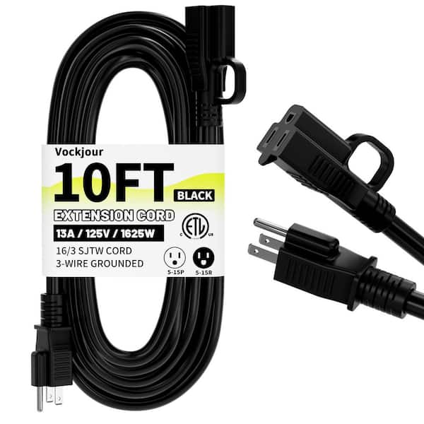 10 ft 16 / 3 Indoor/Outdoor Extension Cord, Heavy Duty SJTW, 13A 1625W, Weatherproof Power Cable, Black