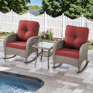 Carlos Gray Wicker Patio 3-Piece Conversation set Outdoor Rocking Chair Glider Rattan Rocker Recliner with Red Cushions