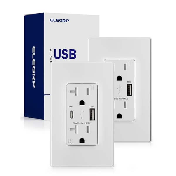 ELEGRP 125-Volt A and Type C USB Duplex Wall Outlet for Power Delivery Quick Charge with Plate, (2-Pack, White) ER20WAC20-0102 - Home Depot