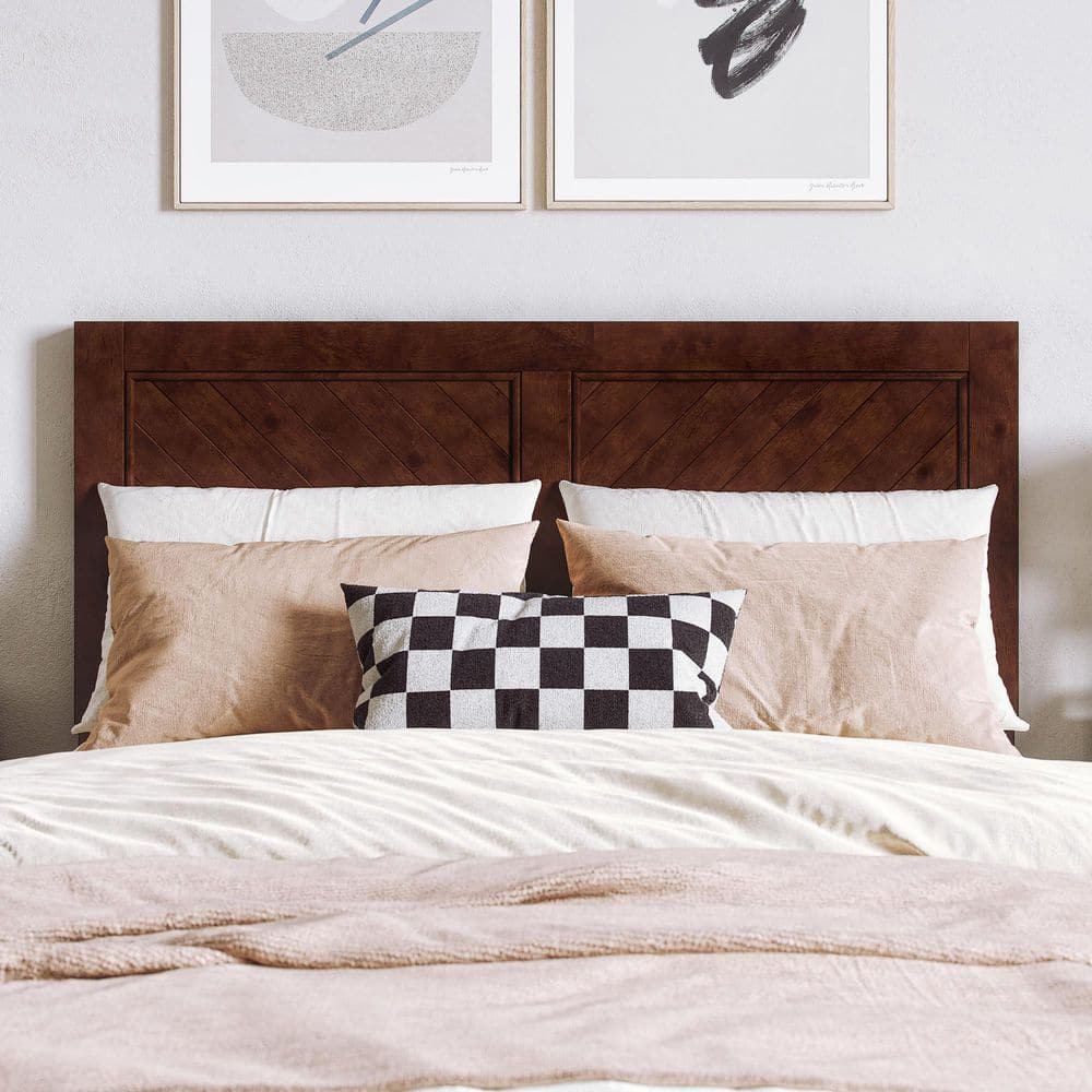 Walnut Full Solid Wood Platform Bed with Chevron Headboard