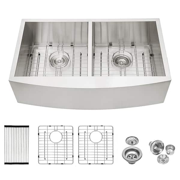 36 in. Farmhouse Apron Front Double Bowl (50/50) 16-Gauge Brushed Nickel Stainless Steel Kitchen Sink with Bottom Grids