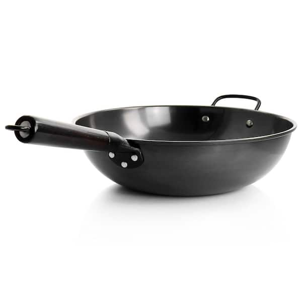 Goodful goodful carbon steel wok, hammered pow wok with wooden lid, 13,  black