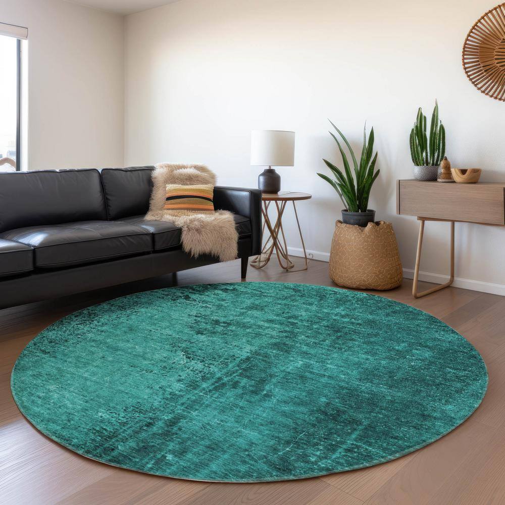 Teal Round Machine-Washable Synthetic Area Rug with Non-Skid Backing