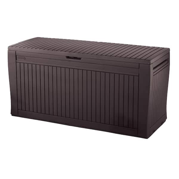 Keter Comfy 71 Gal. Resin Durable Plastic Wood Look All Weather Outdoor Storage Deck Box, Brown