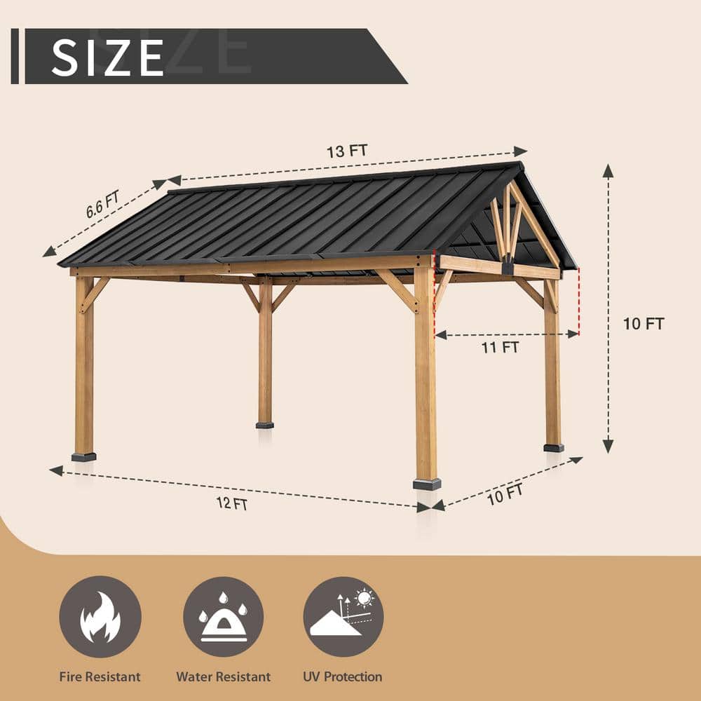 13' x 11' Black Steel and Wood Patio Gazebo