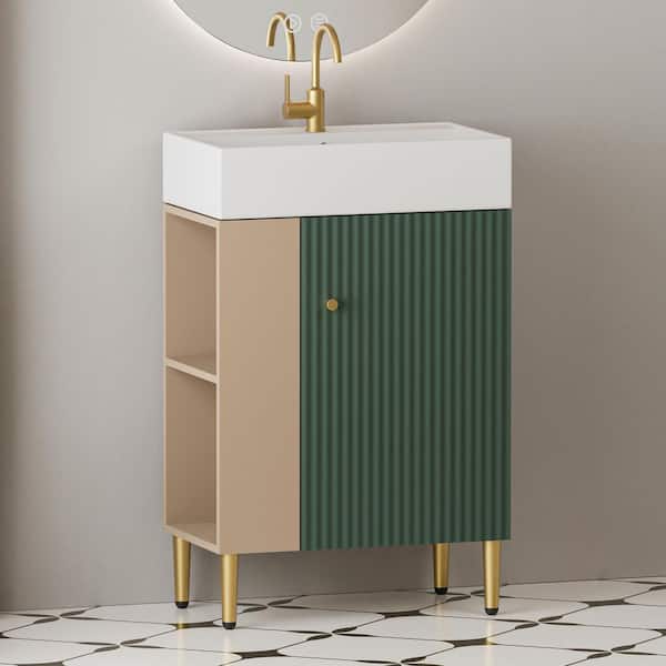 Magic Home 33 in.W Wood Open-Shelving Bathroom Vanity Cabinet with Ceramic Sink and Soft-Closing Door in Green
