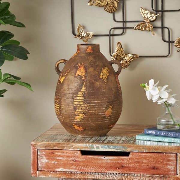 Litton Lane Brown Antique Style Distressed Ceramic Decorative Vase with Grooves and Handles
