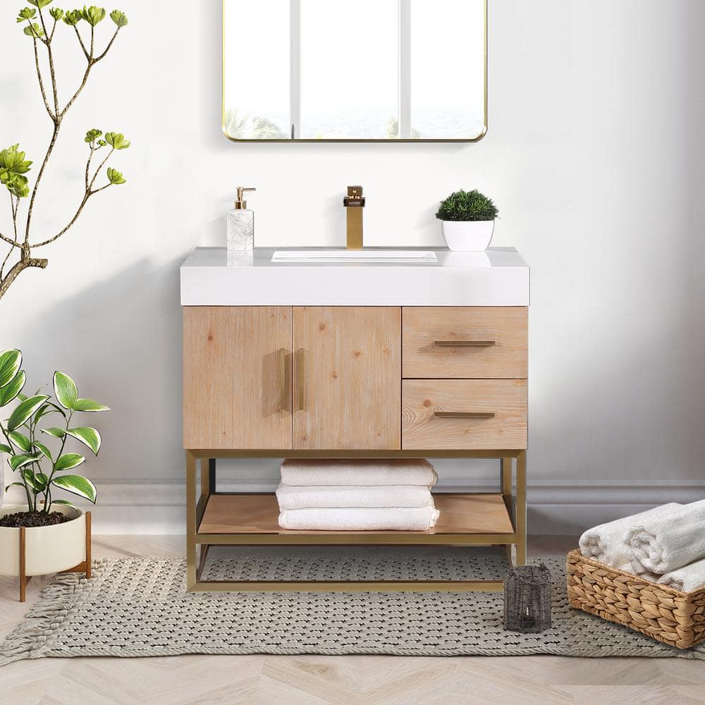 Bianco 36" Light Brown Wood Vanity with White Stone Top