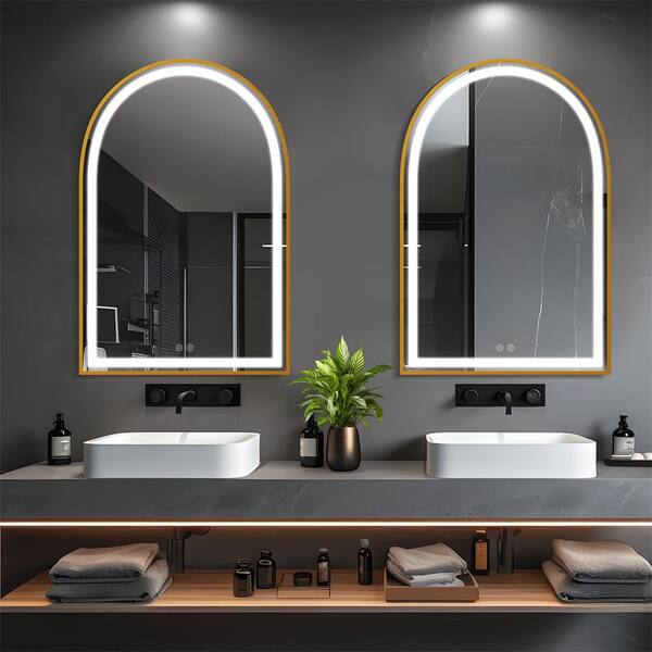 Dovelina 24 in. W x 36 in. H Arched Framed LED Anti-Fog Dimmable Wall Mount Bathroom Vanity Mirror in Gold