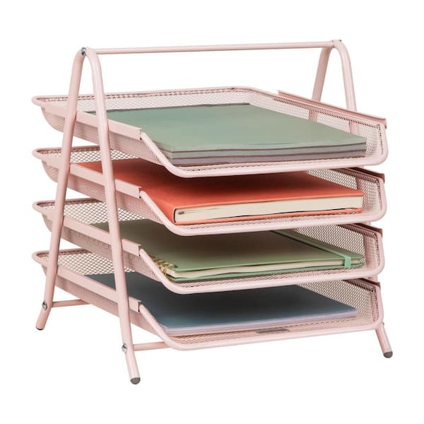 Network Collection, 4-Tier Paper Tray, File Storage, Desktop Organizer, Metal Mesh, 13.75"L x 12"W x 12.5"H, Pink
