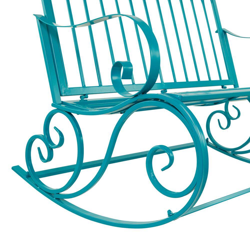 Teal Metal Rocking Outdoor Bench with Scrolled Armrests