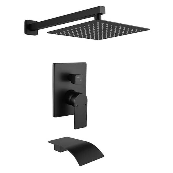 Miscool Cerica Single-Handle 2-Spray Square Shower Faucet with Tub Waterfall Spout in Matte Black Valve Included