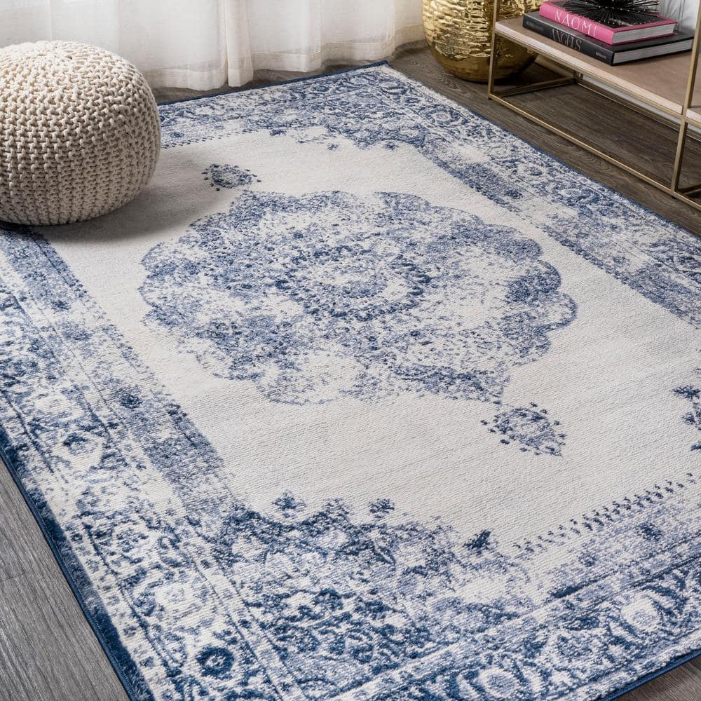 Handmade Rectangular Dark Blue/Ivory Synthetic Area Rug