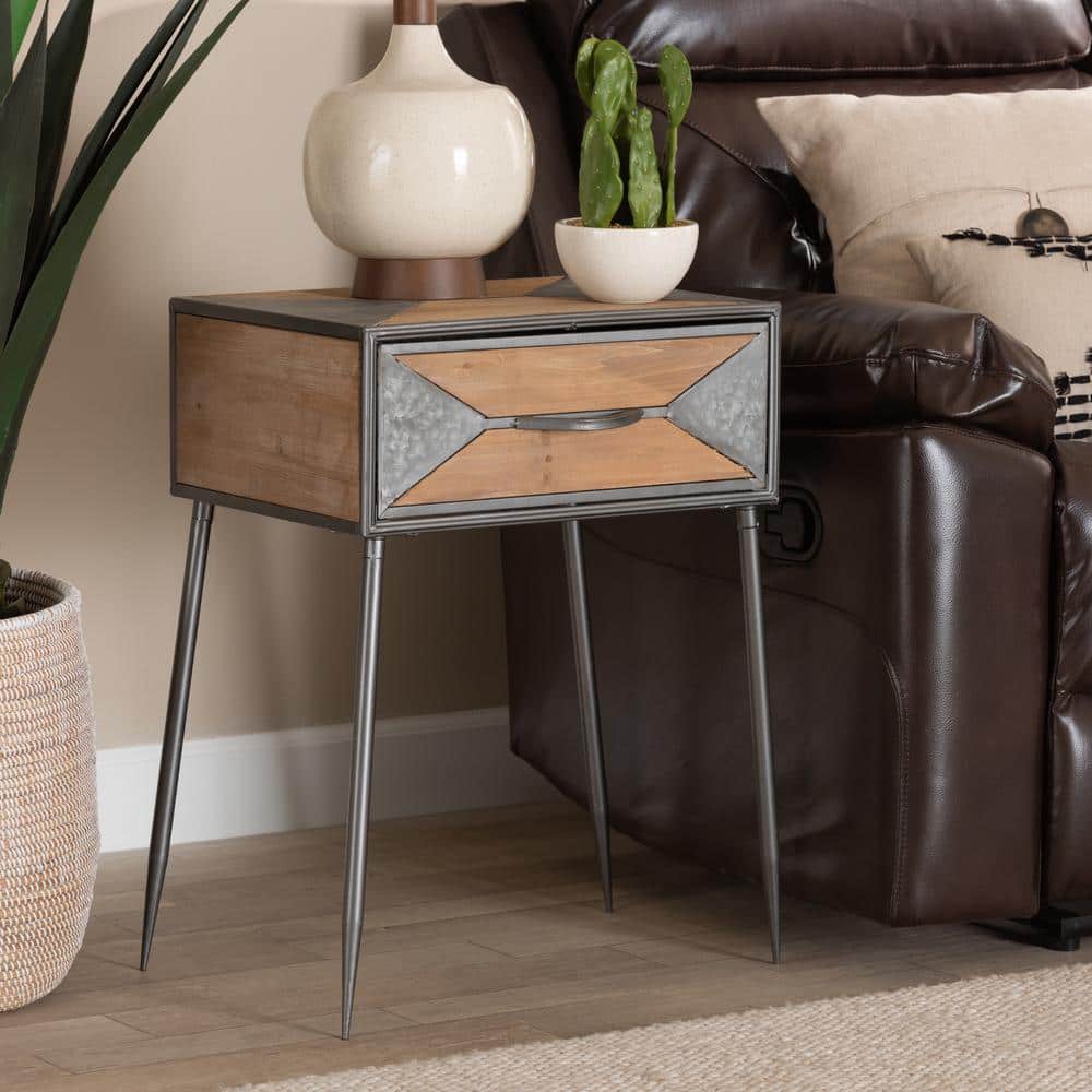 Antique Grey and Whitewashed Oak Industrial 1-Drawer Nightstand