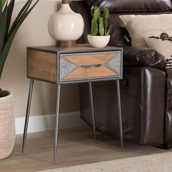 Baxton Studio Laurel 1-Drawer Grey and Oak Brown Nightstand 25.2 in. H x 17.7 in. W x 14.2 in. D