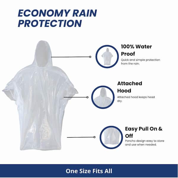 Economy One-Size-Fits-All Clear Polyethylene Waterproof Rain Poncho with  Hood 49838/XSRCC18 - The Home Depot